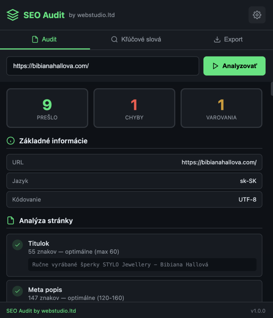 SEO Audit by webstudio.ltd – Váš osobný SEO konzultant priamo v Google Chrome.