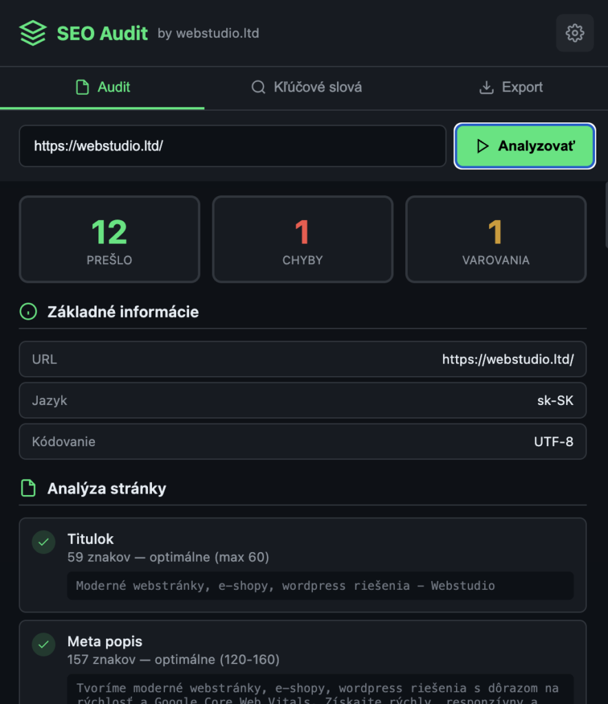 SEO Audit by webstudio.ltd – Váš osobný SEO konzultant priamo v Google Chrome.